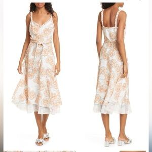 Dyvna ChaCha Peach Floral Overlay Braided Strap Silk Midi Dress Size 10 NWT